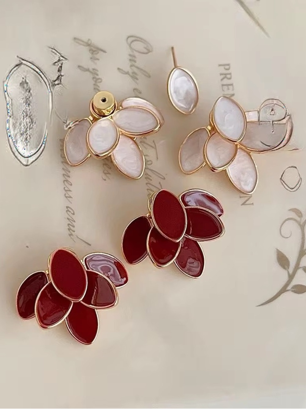 Gold-Plated Floral Cluster Earrings in Red and Pearl White